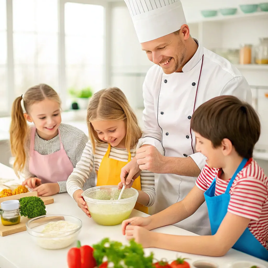 Children enjoying a cooking class led by a professional chef