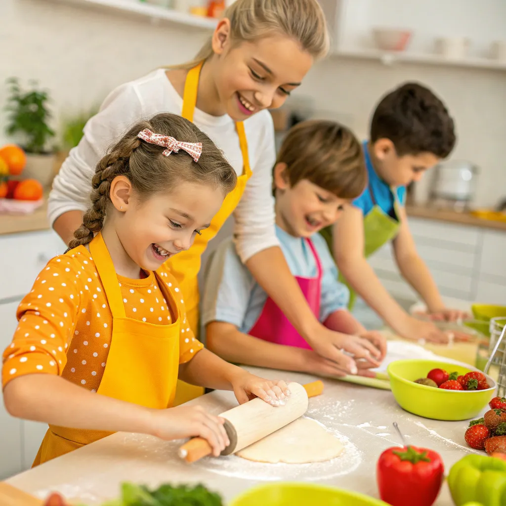 Happy children participating in a cooking class